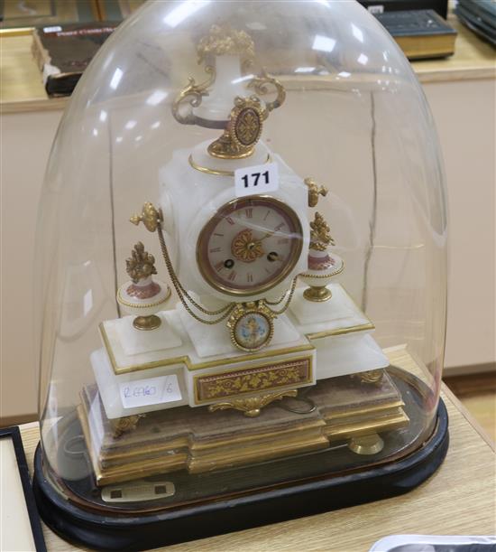 An alabaster clock under dome H.48cm. including dome and stand